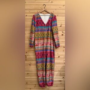 Natural Life Large Colorful Bohemian Fair Isle Print Fleece Zip Up One Piece PJ